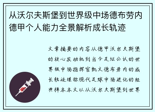 从沃尔夫斯堡到世界级中场德布劳内德甲个人能力全景解析成长轨迹