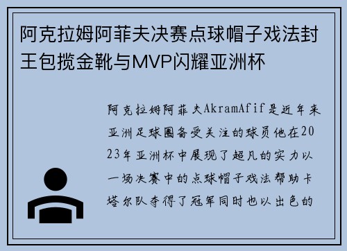 阿克拉姆阿菲夫决赛点球帽子戏法封王包揽金靴与MVP闪耀亚洲杯 阿克拉姆阿菲夫决赛点球帽子戏法封王包揽金靴与MVP闪耀亚洲杯