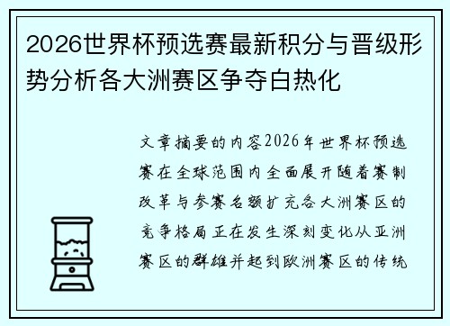 2026世界杯预选赛最新积分与晋级形势分析各大洲赛区争夺白热化